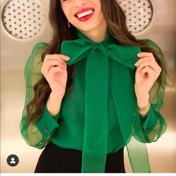 Zara Tops Zara Green Organza Pussy Bow Blouse Med Nwt Poshmark
